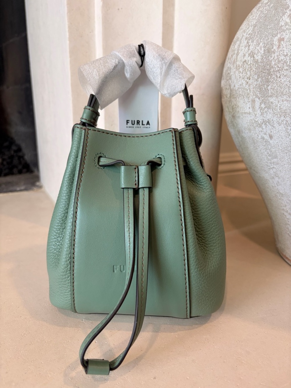 Furla Mint Green Leather Mini Drawstring Bucket